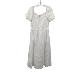 Loft Womens Midi Sundress Short Puff Sleeve Textured White Size Medium Smocked